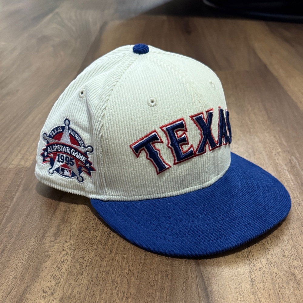 New Era Corduroy Texas Rangers Cream Hat w/ 1995 All-Star Game Patch 7 3/8